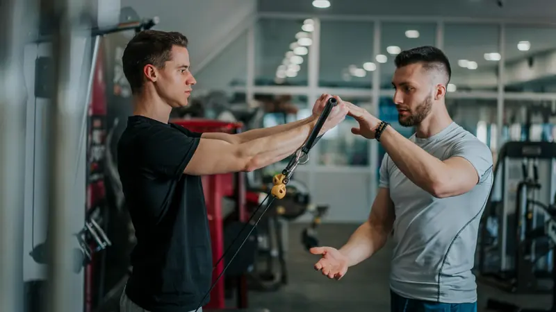 Two fitness professionals reviewing exercise technique during a coaching session in a gym